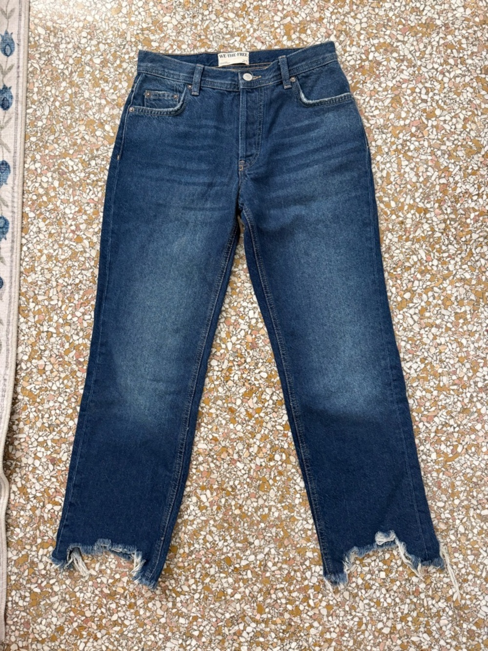 We The Free Dark Blue‎ Straight-Leg High-Rise Jeans with Raw Hem